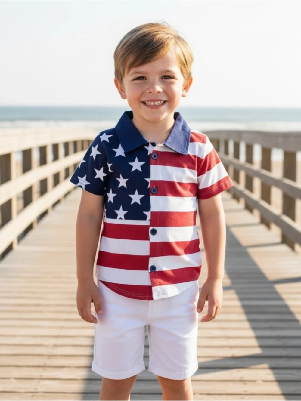 New‎ Boutique Boys' Button-Down Patriotic Shirt Summer Holiday Red, White & Blue